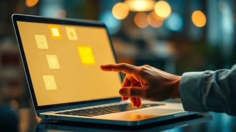 A photorealistic image of a hand gently but firmly pushing away several glowing, distracting notifications or floating tasks that represent distractions, while the other hand is focused on a single, brightly lit, central task on a laptop screen. The background is a soft blur of a vibrant, dynamic environment. Cinematic lighting, 8K, sharp focus on the hands and central task, depth of field. Professional photography.