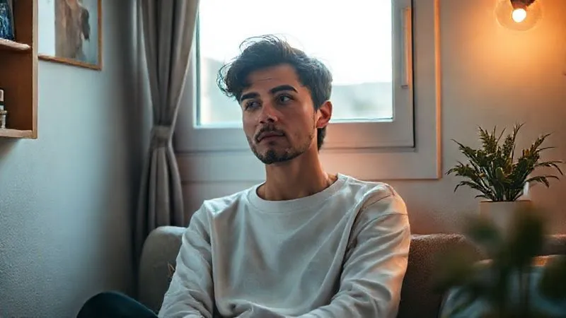 A photorealistic image of a person sitting alone in a cozy, minimalist digital nomad apartment, looking pensive and thoughtful, with a warm, soft light illuminating their face from a window. The atmosphere is one of introspection and self-compassion. Professional photography, 8K, cinematic lighting, sharp focus on the person's face, depth of field blurring the room subtly, shot on a high-end DSLR.