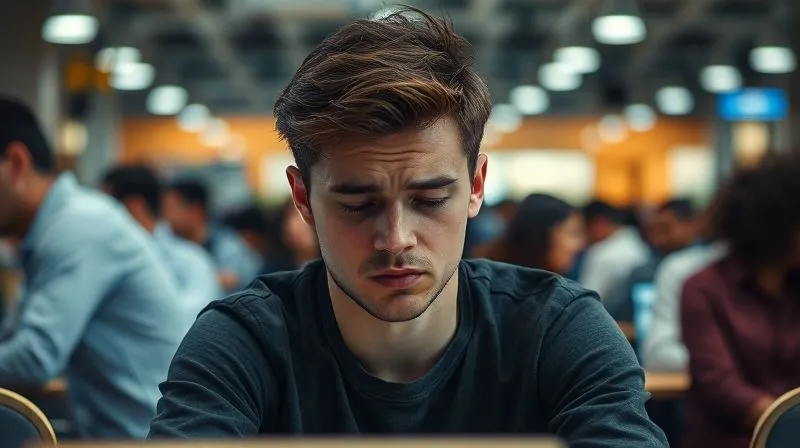 A photorealistic image of a digital nomad sitting alone in a bustling co-working space, looking isolated and overwhelmed, surrounded by blurred, busy figures. The nomad's face shows clear signs of stress and exhaustion. Cinematic lighting, sharp focus on the nomad, depth of field, 8K hyper-detailed, professional photography.