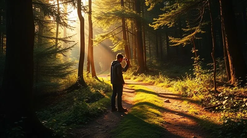 A photorealistic image of a person standing at a crossroads in a dense, vibrant forest, bathed in warm sunlight. One path is dark and overgrown, the other is bright and clear. The person holds a glowing compass pointing towards the bright path. Cinematic lighting, sharp focus on the person and compass, depth of field, 8K hyper-detailed, professional photography.
