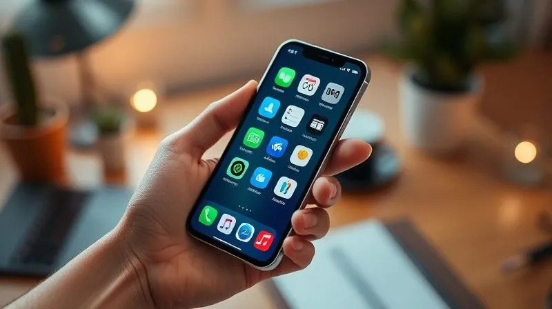 A photorealistic image of a sleek smartphone displaying various productivity and wellness app icons (e.g., a meditation app, a task manager, a habit tracker), held in a hand against a blurred background of a serene digital nomad workspace. Cinematic lighting, sharp focus on the phone screen and hand, depth of field, 8K hyper-detailed, professional photography.