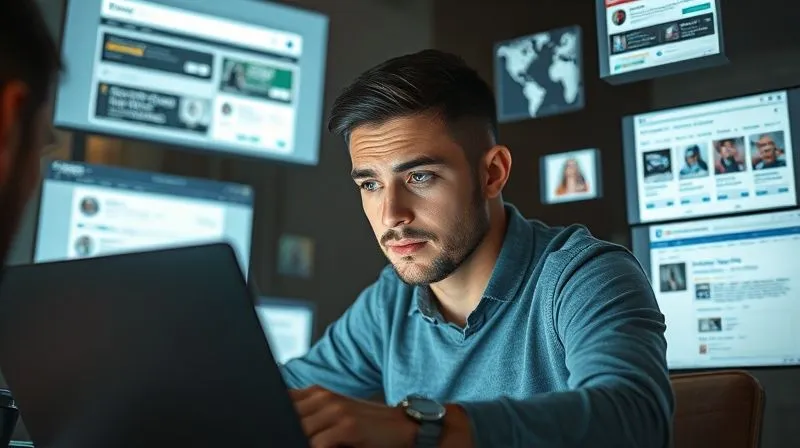 A photorealistic image of a person at a laptop, surrounded by floating digital screens displaying search results, social media feeds, and review sites. The person has a focused, slightly concerned expression, illuminated by the screens' glow. Cinematic lighting, sharp focus on the person, depth of field blurring the background elements, 8K hyper-detailed, professional photography.