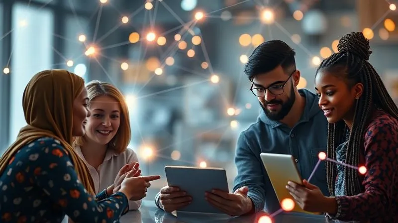 A photorealistic image of diverse digital nomads collaborating online, visible through interconnected screens and light trails forming a network. One central figure is seen receiving positive feedback and support, symbolizing mentorship and digital alliances. The scene is bright and optimistic, with cinematic lighting, sharp focus on the collaborative elements, and a sense of global connection. 8K hyper-detailed, professional photography.