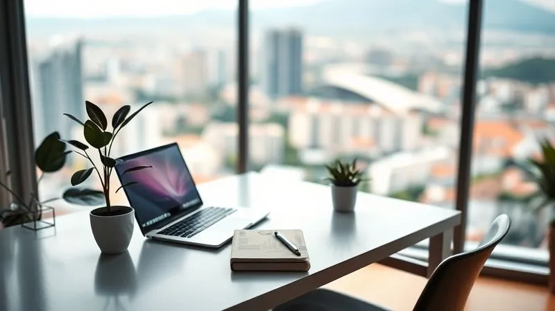 A photorealistic image of a digital nomad's temporary home office setup in a beautiful, minimalist apartment overlooking a vibrant city or a serene natural landscape. The desk is clean, with a laptop, a plant, and a notebook. The light is soft and inviting, emphasizing focus and calm. The background shows a blurred, inspiring view, conveying the idea of a 'santuário' for work amidst travel, professional photography, 8K, cinematic lighting, sharp focus, depth of field, shot on a high-end DSLR.