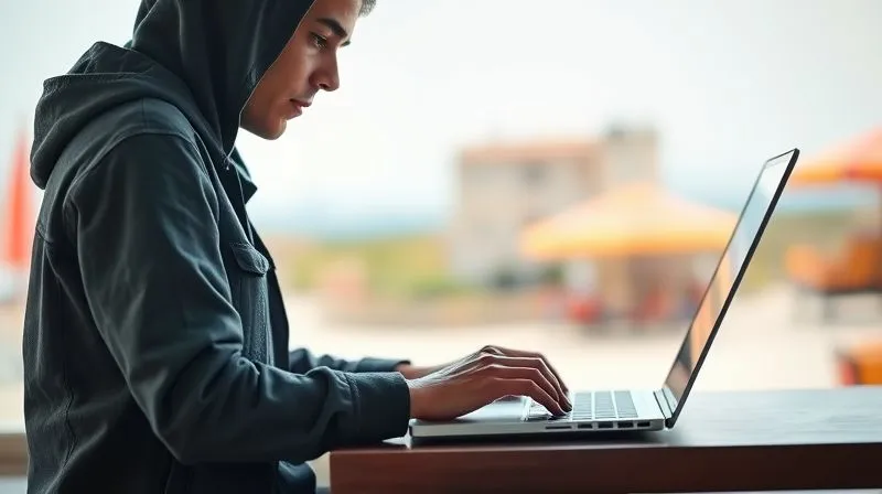 A photorealistic image of a focused digital nomad working on a laptop, surrounded by a subtle, almost invisible digital shield or bubble, representing blocking out distractions. The background is slightly blurred, showing a vibrant, but non-intrusive, travel destination. The lighting is bright and clear, emphasizing productivity and clarity of mind, professional photography, 8K, cinematic lighting, sharp focus, depth of field, shot on a high-end DSLR.