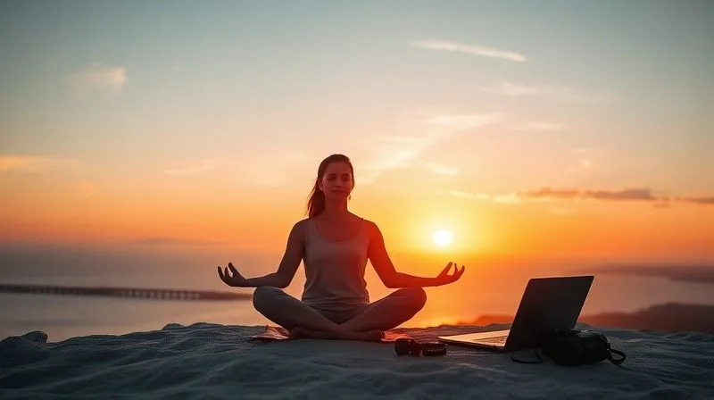 A photorealistic image of a digital nomad meditating peacefully at sunrise on a beach or mountain top, with a laptop and travel gear subtly placed nearby but out of focus. The focus is on the serenity and mental well-being, emphasizing the balance between work and life. Cinematic lighting, 8K, sharp focus on the person, depth of field blurring the background, shot on a high-end DSLR.
