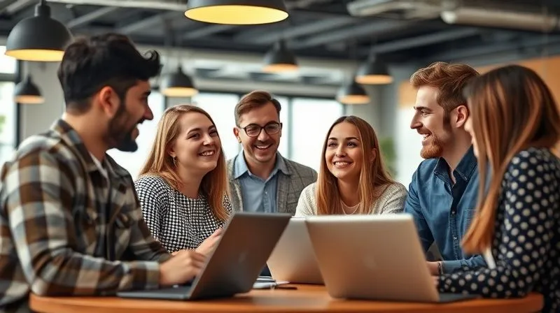 A photorealistic image of a diverse group of digital nomads, smiling and engaged in conversation at a modern, bright co-working space. Some are on laptops, others are networking. The atmosphere is collaborative and friendly, showcasing community and connection. Cinematic lighting, 8K, sharp focus on the group, depth of field blurring the background, shot on a high-end DSLR.