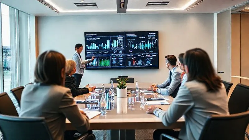 A photorealistic image of a diverse group of business professionals in a modern, sleek conference room, engaged in a high-level discussion. One person is presenting on a large screen displaying complex data analysis. The atmosphere is serious, focused, and indicative of decision-makers. Cinematic lighting, sharp focus on the group, depth of field blurring the background subtly. 8K hyper-detailed, professional photography, shot on a high-end DSLR.