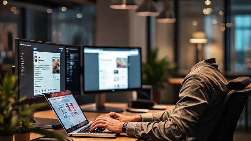 A photorealistic image of a digital nomad working on a laptop in a beautifully designed co-working space, with a multi-screen setup showing different social media platforms (LinkedIn, Instagram, a blog dashboard) all displaying consistent branding and content. The nomad is focused and productive. Cinematic lighting, sharp focus on the screens and the nomad, depth of field blurring the background. 8K hyper-detailed, professional photography, shot on a high-end DSLR.