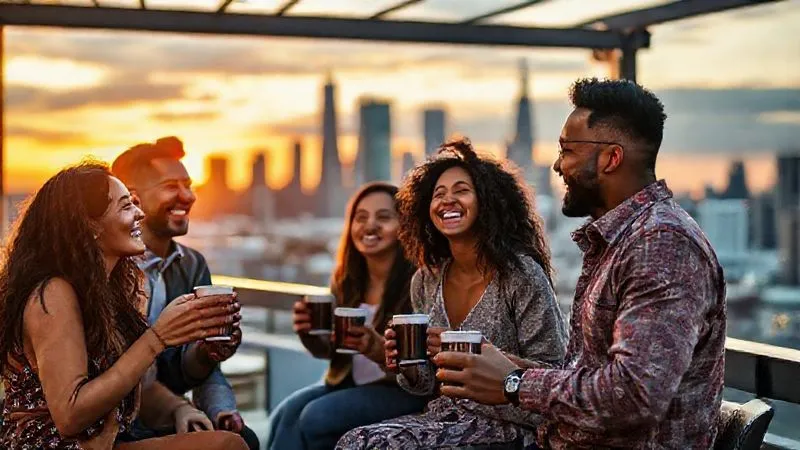 A photorealistic image of a diverse group of digital nomads from different cultural backgrounds, laughing and networking at a stylish rooftop co-working space with a vibrant city skyline in the background at sunset. They are holding coffee cups and engaging in lively conversation. Cinematic lighting, sharp focus on the group, depth of field blurring the city. 8K hyper-detailed, professional photography, shot on a high-end DSLR.