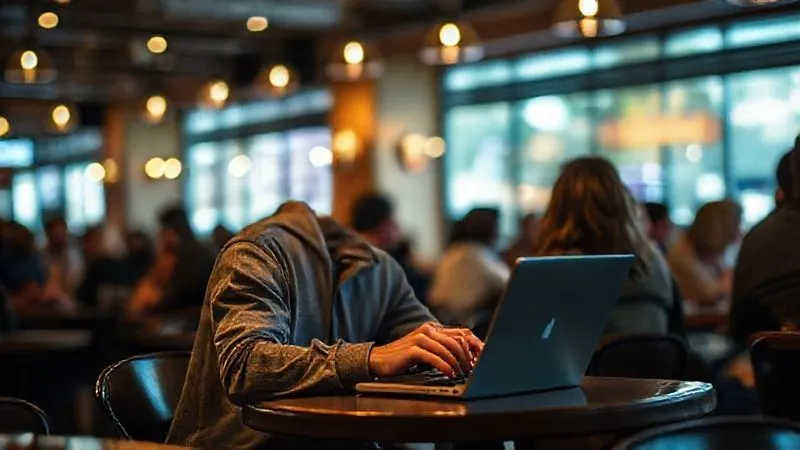 A photorealistic image of a lone digital nomad working on a laptop in a café, surrounded by blurred faces, but with a palpable sense of isolation, looking thoughtfully at the screen. Professional photography, 8K, cinematic lighting, sharp focus on the nomad, depth of field blurring the background. Emphasize the feeling of being connected yet alone.