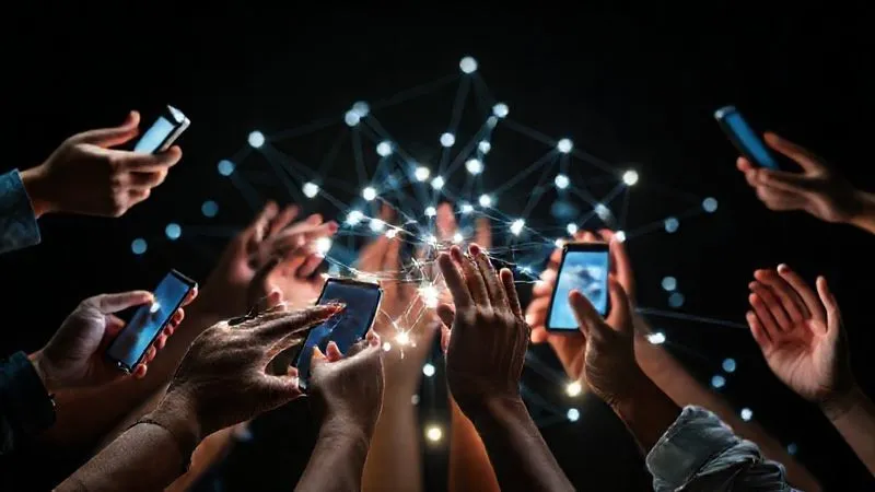 A photorealistic image of diverse hands, some holding smartphones, others gesturing, connecting virtually through glowing lines of light, forming a complex network against a dark, tech-inspired background. Professional photography, 8K, cinematic lighting, sharp focus on the hands and connections, depth of field. Emphasize digital connection and networking.