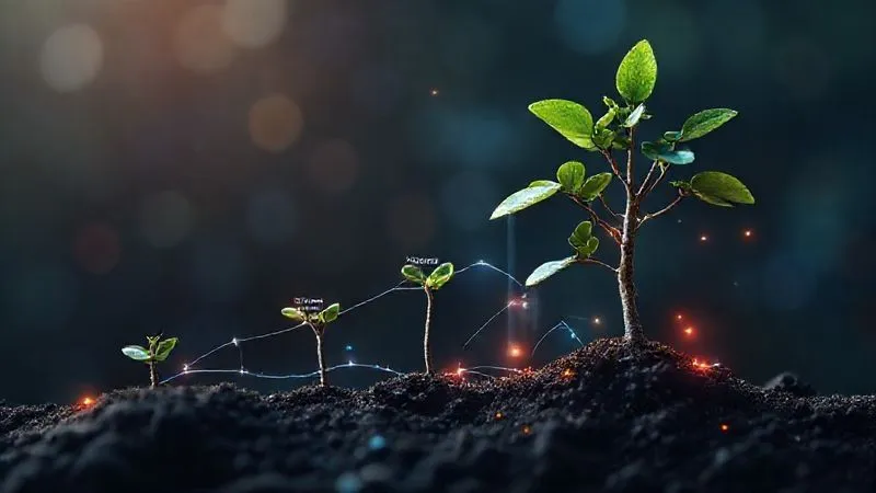 A photorealistic image depicting a visual timeline of career growth, with a small plant growing into a strong tree, symbolizing progress and development. Digital elements like data charts and glowing lines connect different stages. Professional photography, 8K, cinematic lighting, sharp focus on the growth stages, depth of field. Emphasize continuous progress.