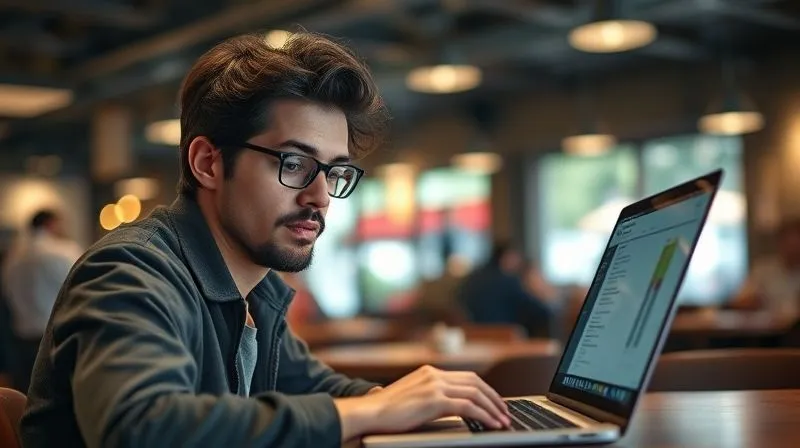 A photorealistic image of a digital nomad looking slightly overwhelmed by multiple open tabs on a laptop screen, with a blurred background of a bustling cafe, cinematic lighting, 8K hyper-detailed.