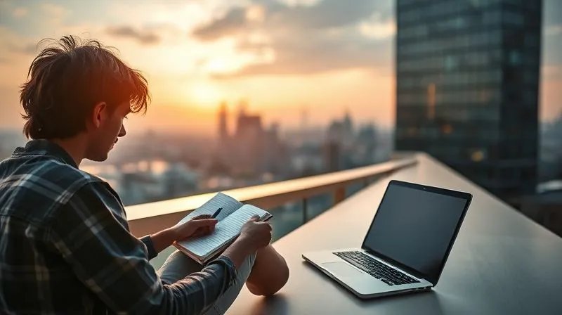 A photorealistic image of a digital nomad diligently taking notes in a journal while sitting on a balcony overlooking a city skyline at dawn, laptop open beside them, symbolizing focused learning. Cinematic lighting, 8K hyper-detailed.