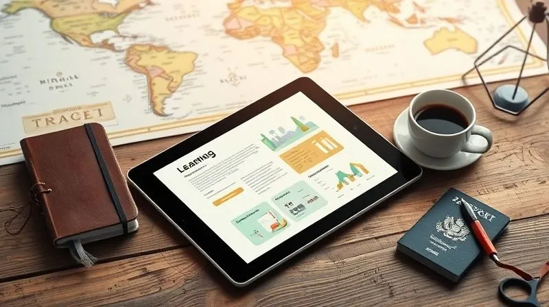 A photorealistic image of a sleek, modern tablet displaying a e-learning platform, surrounded by a travel journal, a passport, and a cup of coffee, set on a rustic wooden table with a map in the background. Cinematic lighting, 8K hyper-detailed.