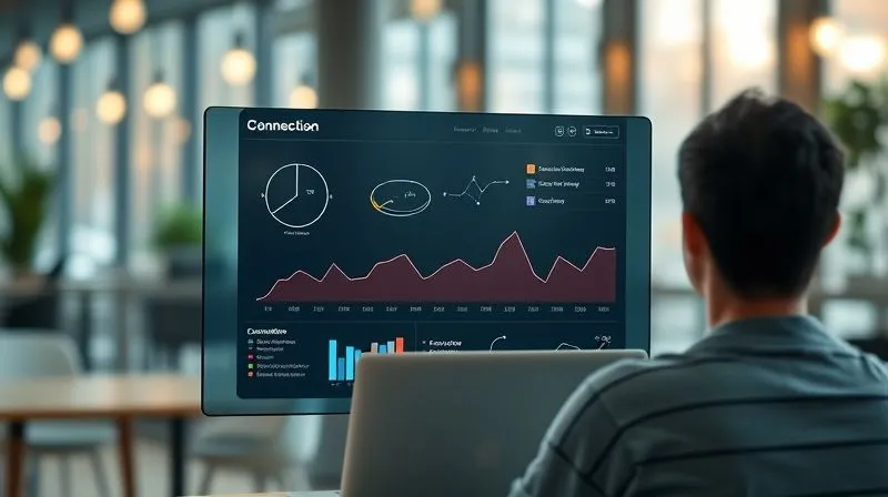 Photorealistic, professional photography, 8K, cinematic lighting, sharp focus, depth of field, shot on a high-end DSLR. A stylized, minimalist dashboard display on a transparent screen, showing abstract graphs and data points representing 'connection strength,' 'opportunity growth,' and 'knowledge acquired,' rather than typical business metrics. The background is a softly blurred view of a digital nomad working on a laptop in a serene, modern co-working space, looking thoughtfully at the screen. The mood is analytical and insightful, focusing on qualitative success.