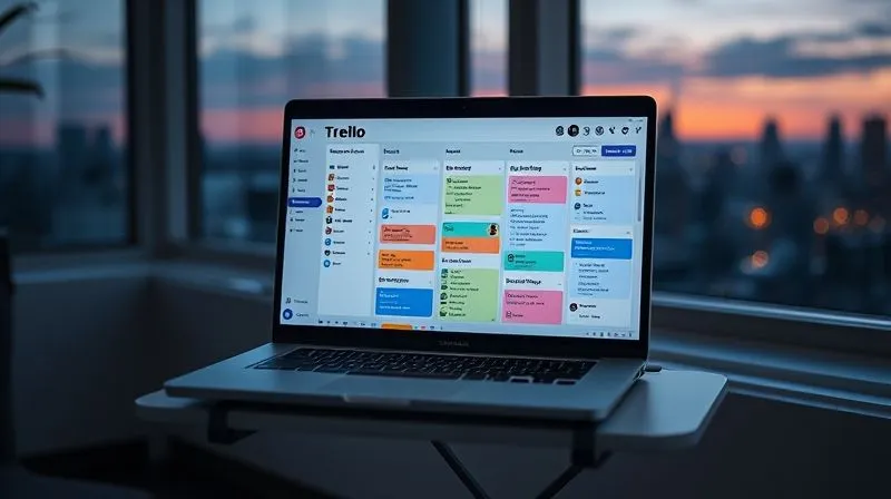 A photorealistic Trello board on a laptop screen, showing clearly defined lists like 'To Do', 'In Progress', 'Review', and 'Done'. Colorful cards with various tasks are visible, some with due dates and assigned members. The laptop is on a small, portable desk in a modern, minimalistic workspace, with a window view of a city skyline at dusk. Professional photography, 8K, cinematic lighting, sharp focus, depth of field, shot on a high-end DSLR.