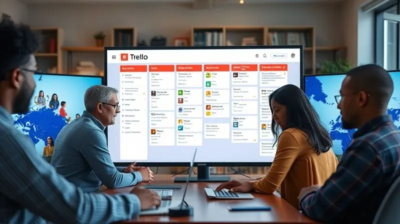 A photorealistic image of a diverse remote team (different ethnicities, locations hinted by subtle cultural elements) collaboratively interacting with a large, shared Trello board displayed on multiple screens. People are seen typing comments, moving cards, and checking off items, all looking focused and connected. The background shows blurred elements of various home offices or co-working spaces. Professional photography, 8K, cinematic lighting, sharp focus, depth of field, shot on a high-end DSLR.