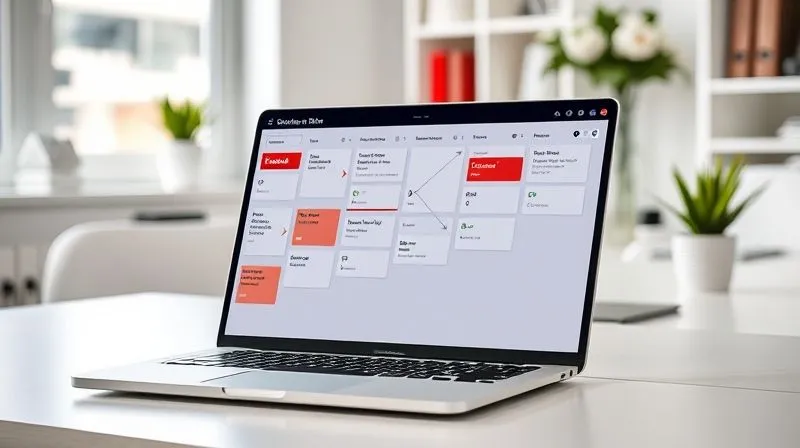 A photorealistic, detailed Trello board with various cards, some prominently displaying red 'Blocked' labels and 'High Priority' tags. Arrows or lines visually connect dependent cards. A subtle overlay of a digital risk matrix or a timeline is visible on the board. The screen is on a sleek laptop, placed on a modern, minimalist desk in a bright, organized home office setting. Professional photography, 8K, cinematic lighting, sharp focus, depth of field, shot on a high-end DSLR.