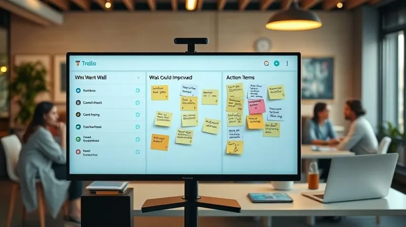 A photorealistic image of a Trello board showing lists for 'What Went Well', 'What Could Be Improved', and 'Action Items'. Diverse sticky notes (digital Trello cards) are populated with constructive feedback and actionable steps. The screen is part of a modern, sleek setup in a vibrant co-working space, with a diverse group of remote professionals in the background, subtly collaborating. Professional photography, 8K, cinematic lighting, sharp focus, depth of field, shot on a high-end DSLR.