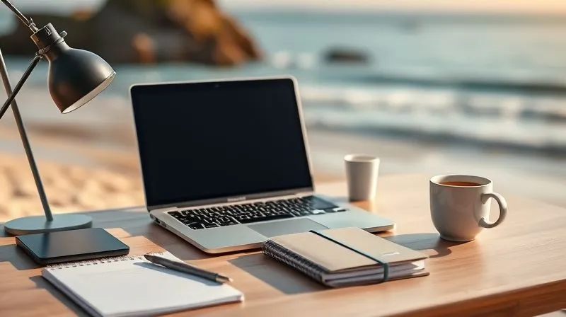 A photorealistic, professional photography, 8K image of a digital nomad's desk setup. The desk is minimalist, organized with a laptop, a planner, and a cup of coffee, set against a blurred background of a scenic beach. Cinematic lighting highlights the organized elements, sharp focus on the planner and laptop, depth of field blurring the idyllic view, symbolizing productive structure amidst freedom. Shot on a high-end DSLR.