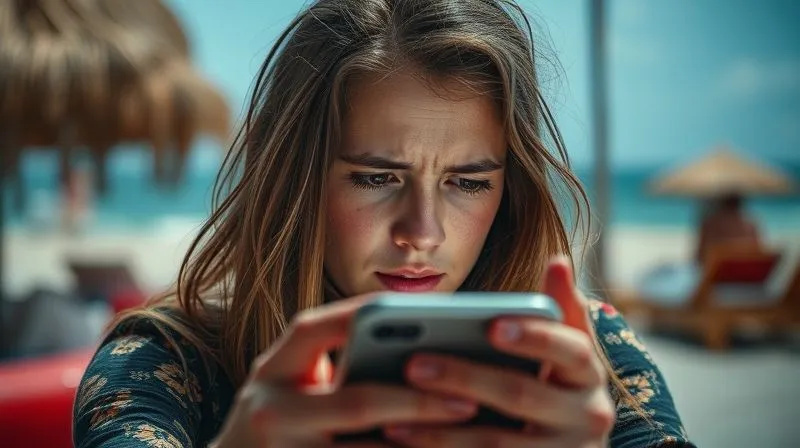 A photorealistic, professional photography, 8K image of a digital nomad looking at a phone screen with a distressed expression, while a vibrant, perfect-looking social media feed of other nomads enjoying exotic locations scrolls by in the foreground, slightly out of focus. Cinematic lighting, sharp focus on the nomad's troubled face, depth of field blurring the background. Shot on a high-end DSLR.
