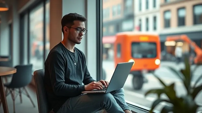 A photorealistic, professional photography, 8K image of a digital nomad sitting calmly and focused in a beautifully designed, minimalist co-working space, with a large window showing a vibrant, blurred city street outside. The nomad is deeply engaged with their laptop, a cup of tea beside them, symbolizing finding peace and productivity amidst the dynamic nature of nomadism. Cinematic lighting, sharp focus on the individual's serene concentration, depth of field blurring the urban backdrop. Shot on a high-end DSLR.