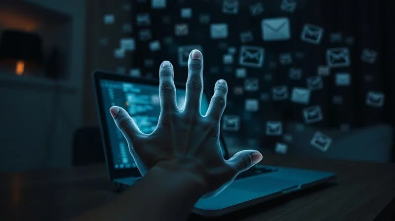 A photorealistic, professional photography, 8K image of a digital nomad's hand reaching for a laptop in a dimly lit room, with the hand appearing transparent or ghostly, surrounded by a chaotic overlay of calendar notifications and unread emails. Cinematic lighting, sharp focus on the overwhelmed hand and laptop, depth of field blurring the chaotic background, symbolizing burnout from toxic productivity. Shot on a high-end DSLR.