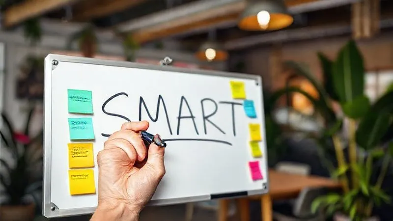A photorealistic, professional photography shot of a hand holding a pen, writing 'SMART' on a whiteboard filled with colorful sticky notes, each representing a specific goal. The background is a blurred, vibrant co-working space in a tropical location, suggesting a digital nomad environment. Cinematic lighting, sharp focus on the hand and whiteboard, depth of field, 8K hyper-detailed, shot on a high-end DSLR.