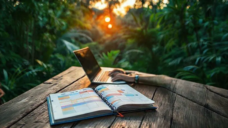 A photorealistic image of a digital nomad working on a laptop at a rustic wooden table, surrounded by lush green jungle, with a vibrant sunset in the background. A small, open planner shows a flexible schedule with colored blocks. The scene exudes tranquility and focused work amidst nature. Cinematic lighting, sharp focus on the nomad and planner, depth of field, 8K hyper-detailed, professional photography, shot on a high-end DSLR.