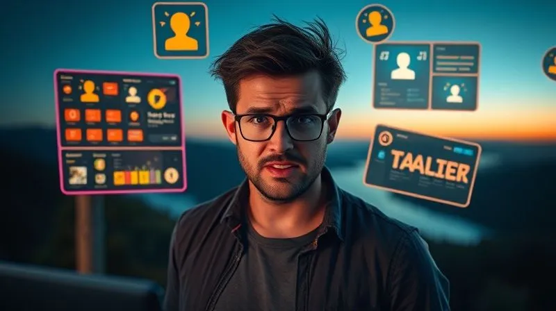 A photorealistic image of a digital nomad looking stressed while juggling multiple glowing screens and task icons, with a blurred background of a beautiful but unappreciated landscape. Professional photography, 8K, cinematic lighting, sharp focus on the stressed nomad, depth of field blurring the background, shot on a high-end DSLR, conveying the feeling of being overwhelmed despite ideal surroundings.