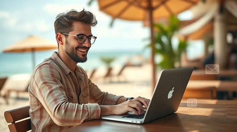 A photorealistic image of a digital nomad, smiling and relaxed, working on a laptop from a beautiful beach cafe, with clear digital icons representing automated tasks (email, calendar, social media) subtly flowing in the background, symbolizing effortless productivity and scaled business. Professional photography, 8K, cinematic lighting, sharp focus on the happy nomad, depth of field blurring the background, shot on a high-end DSLR, conveying success and work-life balance.