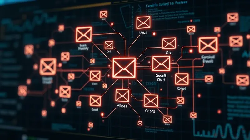 Photorealistic image of a complex email marketing automation flowchart, with different branches for segmentation, nurturing, and sales, represented by glowing digital lines connecting various email icons and customer profiles. The background is a subtle, futuristic digital interface, with cinematic lighting, sharp focus on the intricate connections, 8K hyper-detailed, professional photography, shot on a high-end DSLR.