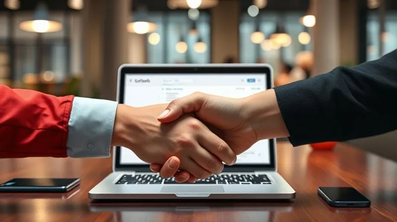 Photorealistic image of hands shaking over a laptop screen displaying a successful email, symbolizing strong customer relationships and loyalty. The scene is set in a modern, collaborative workspace with cinematic lighting, sharp focus on the hands and screen, depth of field blurring the background, 8K hyper-detailed, professional photography, shot on a high-end DSLR.