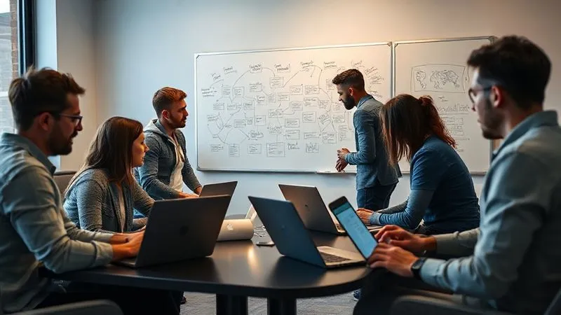 A photorealistic image of a diverse group of digital nomads working collaboratively in a modern co-working space, some on laptops, others brainstorming on a whiteboard, conveying a sense of focused activity within a flexible environment. 8K, cinematic lighting, sharp focus.