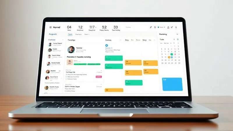 A photorealistic image of a sleek, minimalist digital dashboard on a laptop screen, displaying organized tasks, project timelines, and a calendar with color-coded blocks, representing effective digital organization for a nomad. 8K, sharp focus.