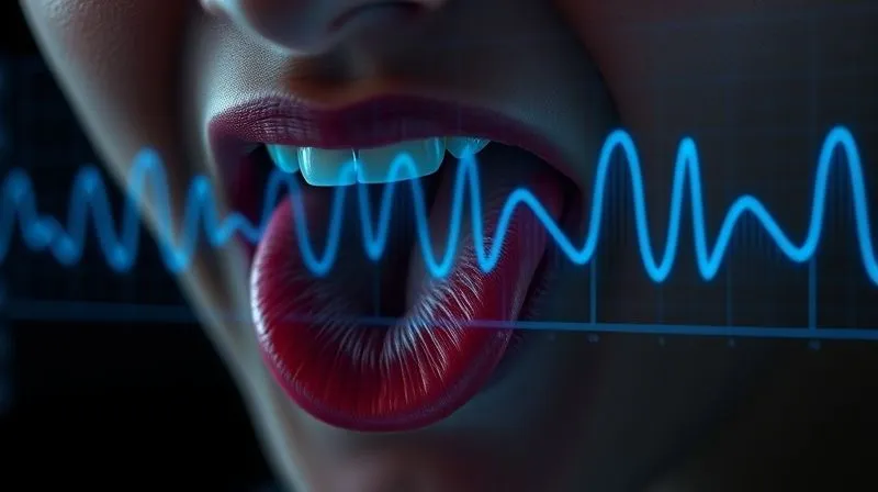 A photorealistic close-up of a person's mouth and tongue articulating different sounds, with subtle glowing lines indicating airflow and tongue position. Overlayed on a screen showing a waveform analysis of speech. Professional photography, 8K, cinematic lighting, sharp focus, depth of field, shot on a high-end DSLR.