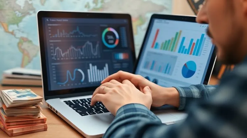 A photorealistic image of a digital nomad thoughtfully organizing digital financial charts and budgets on a laptop screen, with a clear and focused expression. A stack of foreign currencies and a world map are subtly in the background, suggesting travel and financial planning. Cinematic lighting, sharp focus on the laptop and hands, depth of field blurring the background, 8K hyper-detailed, professional photography, shot on a high-end DSLR.