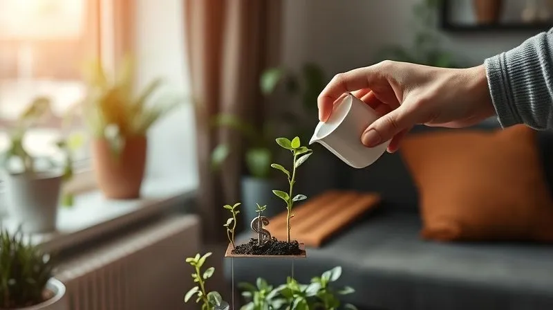 A photorealistic image of a digital nomad's hand effortlessly watering a small, flourishing garden of miniature plants, each plant representing a different income stream (e.g., a small money tree, a data chart sprout, a book sprout). The setting is a cozy, well-lit corner of a modern apartment, suggesting growth and stability. Cinematic lighting, sharp focus on the hand and plants, depth of field blurring the background, 8K hyper-detailed, professional photography, shot on a high-end DSLR.