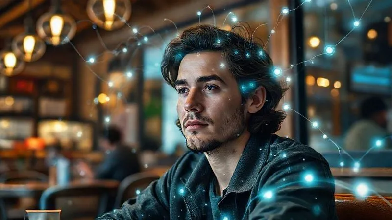 A photorealistic image of a person, a digital nomad, sitting in a bustling yet cozy cafe, with intricate, glowing mental pathways and objects superimposed over the cafe's elements, representing a 'mobile memory palace'. The person has a focused, calm expression, surrounded by subtle digital data flows. Cinematic lighting, sharp focus, depth of field blurring some background, 8K hyper-detailed, shot on a high-end DSLR.