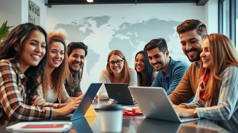 A photorealistic, professional photography image of a diverse group of digital nomads working collaboratively and happily in a bright, modern co-working space, with a world map subtly in the background. Cinematic lighting, sharp focus on their faces and laptops, depth of field blurring the background. 8K hyper-detailed, shot on a high-end DSLR.