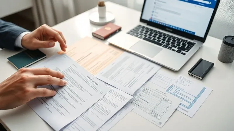 A photorealistic image of a person's hands meticulously organizing various official documents, passports, and application forms on a clean desk. There's a laptop with a visa application website open in the background. Cinematic lighting, sharp focus on the documents, depth of field blurring the background. Professional photography, 8K hyper-detailed, shot on a high-end DSLR.