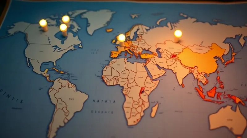 A photorealistic, professional photography image of a detailed world map with glowing pinpoints indicating countries offering digital nomad visas. The map is slightly blurred in the background, with a sharp focus on the illuminated pins. Cinematic lighting, 8K hyper-detailed, shot on a high-end DSLR.