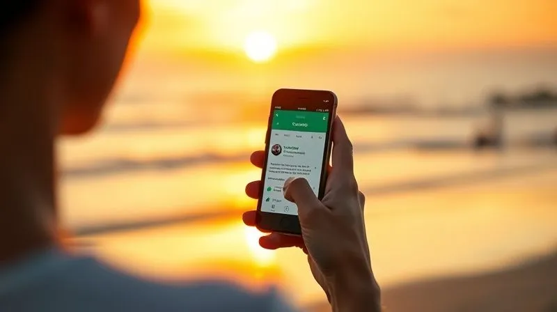 A photorealistic, professional photography of a digital nomad holding a smartphone, dictating a voice note into the Evernote app, with a serene beach background at sunset. The screen shows the Evernote interface, cinematic lighting, sharp focus on the phone and nomad's hand, depth of field blurring the background, 8K hyper-detailed, shot on a high-end DSLR.