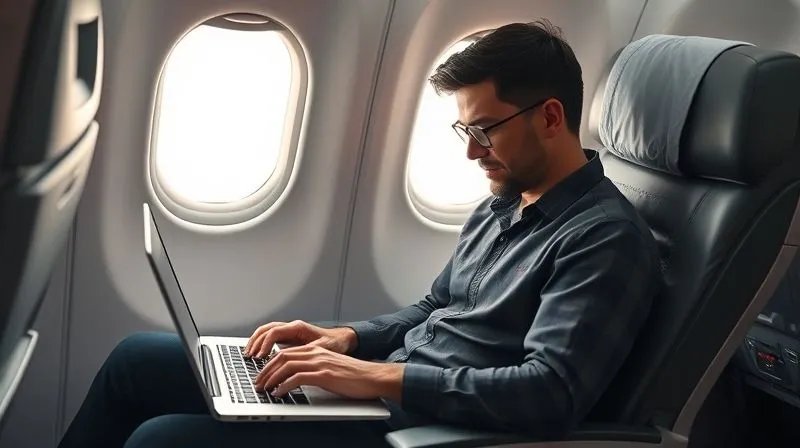 A photorealistic, professional photography of a digital nomad sitting comfortably inside an airplane, laptop open, working productively on Evernote, even without Wi-Fi. The screen shows Evernote interface with 'Offline' status. Cinematic lighting through the airplane window, sharp focus on the nomad and laptop, depth of field blurring the background, 8K hyper-detailed, shot on a high-end DSLR, conveying calm and efficiency.