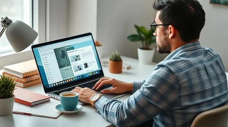 A photorealistic, professional photography of a digital nomad sitting at a clean, organized desk, looking thoughtfully at a laptop screen displaying the Evernote interface with an empty 'Inbox' and organized notebooks. A cup of herbal tea and a small plant are on the desk, cinematic lighting, sharp focus on the nomad's face and screen, depth of field blurring the background, 8K hyper-detailed, shot on a high-end DSLR, conveying a sense of calm accomplishment and readiness for the next week.