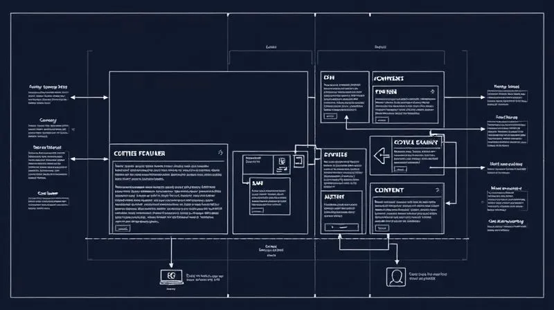 A photorealistic blueprint or wireframe of a perfectly structured website layout, showing clear navigation paths, content silos, and intuitive user flow. The design is clean, minimalist, and highly functional, with lines connecting different sections. Professional photography, 8K, cinematic lighting, sharp focus, depth of field, shot on a high-end DSLR.