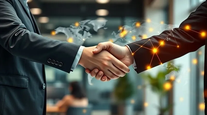 A photorealistic image of two diverse professionals, a digital nomad and a corporate executive, shaking hands over a glowing network of interconnected dots and lines, symbolizing strategic partnerships and shared growth. The background is a blurred, modern office space with a global map overlay. Professional photography, 8K, cinematic lighting, sharp focus on the handshake, depth of field, shot on a high-end DSLR.