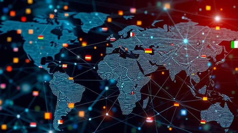 A photorealistic intricate network of digital code and global connections, with small flags representing different languages and countries intertwined with lines of structured data (schema markup). The image should convey complexity and precision, with a glowing digital overlay. Professional photography, 8K, cinematic lighting, sharp focus, depth of field, shot on a high-end DSLR.